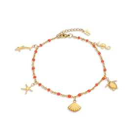Mare Bello gold plated chain anklet with coral enamel and charms-