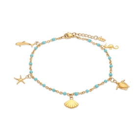 Mare Bello gold plated chain anklet with turquoise enamel and charms-