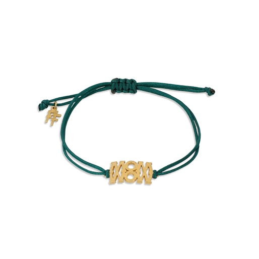 Fashionable.Me green cord bracelet with matte gold plated word 