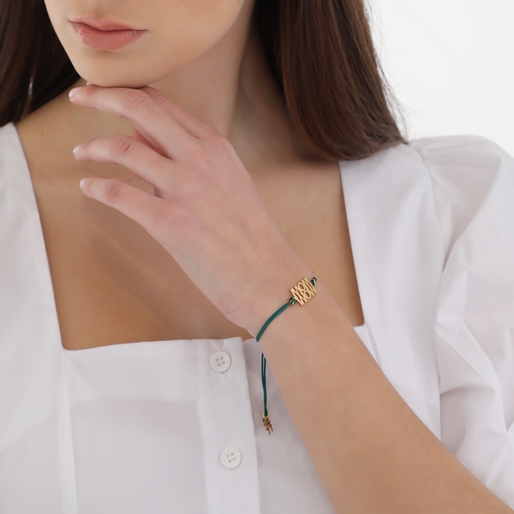 Fashionable.Me green cord bracelet with matte gold plated word 