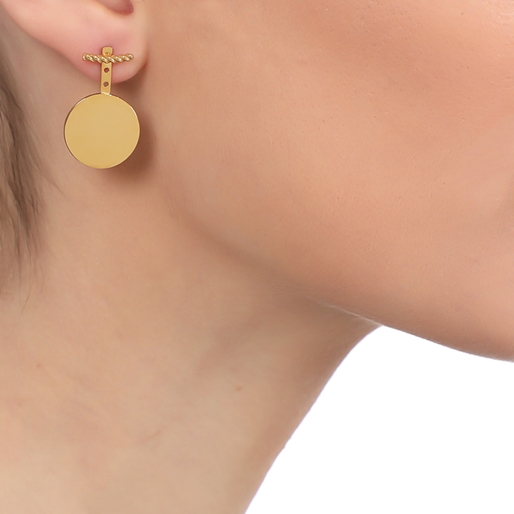 The Simple Reflection short gold plated jacket earrings with discus motif-