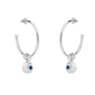 Fashionable.Me large silver hoops with sphere and blue round charms-