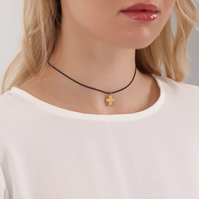 Fashionable.Me II Cord Necklace with Silver 925° 18K Yellow Gold Plated Cross Motif-