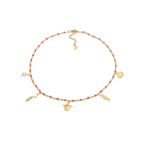 Mare Bello short gold plated necklace with coral enamel and charms-