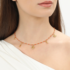 Mare Bello short gold plated necklace with coral enamel and charms-