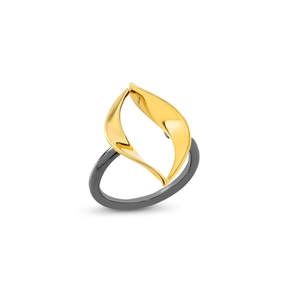 Flaming Soul Gun Plated Ring With 18K Yellow Gold Plated Flame Motif-