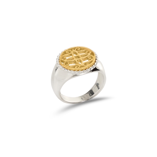 Kallos bulky ring with gold plated coin motif-