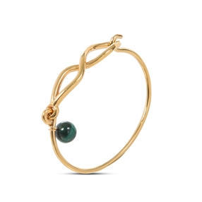 Fluidity Color brass bangle with 18K yellow gold plating, spiral eternity and green malachite sphere motifs-