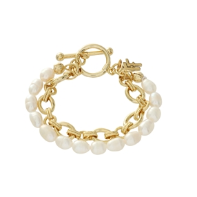 The Chain Addiction 18K yellow gold plated brass double chain bracelet with white freshwater pearls-