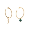 Fluidity Color brass hoops with 18K yellow gold plating, spiral eternity and green malachite sphere motifs 