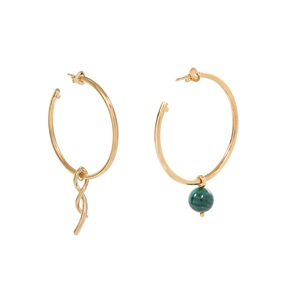 Fluidity Color brass hoops with 18K yellow gold plating, spiral eternity and green malachite sphere motifs-