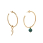 Fluidity Color brass hoops with 18K yellow gold plating, spiral eternity and green malachite sphere motifs -