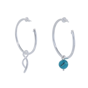Fluidity Color silver plated brass hoops, spiral eternity and turquoise sphere motifs-