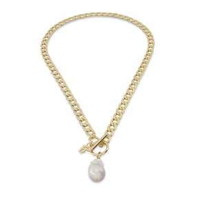 The Chain Addiction short gold plated necklace with pearl motif and toggle clasp-