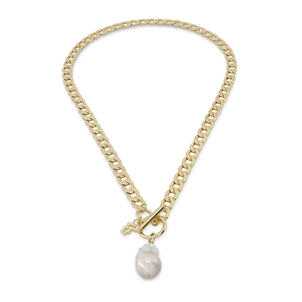 The Chain Addiction II short gold plated necklace with pearl motif and toggle clasp -
