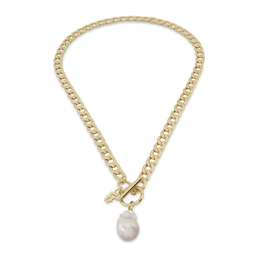 The Chain Addiction II short gold plated necklace with pearl motif and toggle clasp -