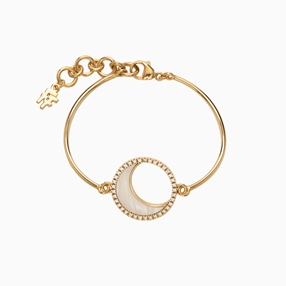 Celestial Glow silver 925° curved bars bracelet with 18K yellow gold plating, moon motif with ivory iridescent acrylic and clear cz stones-