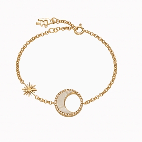 Celestial Glow silver 925° chain bracelet, with 18K yellow gold plating, moon and sun motifs with ivory iridescent acrylic and clear cz stones-