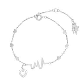 My Heart Beat silver 925° chain bracelet with medium heartbeat motif & small heart charm motif with cz stones-