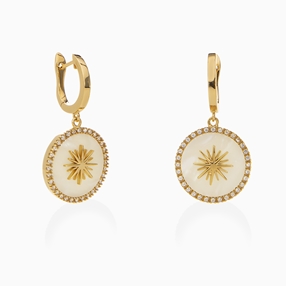 Celestial Glow silver 925° pierced earrings with 18K yellow gold plating, sun motif with ivory iridescent acrylic and clear cz stones-