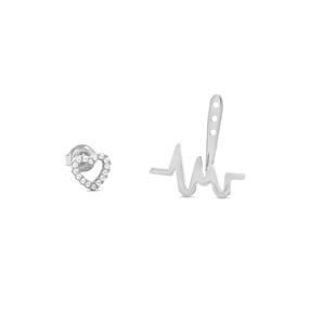 My Heart Beat silver 925° pierced earrings  with small heart motif with cz stones & medium heartbeat motif-