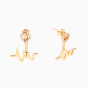 My Heart Beat 1micron 18K yellow gold plated silver 925° pierced earrings with small heart motif with cz stones & medium heartbeat motif-