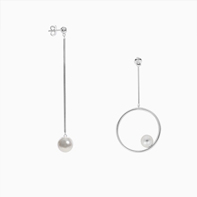 The Pearl Effect silver plated brass pierced earrings, tube & mismatched tube with hoop and white shell coated The Pearl Effect-