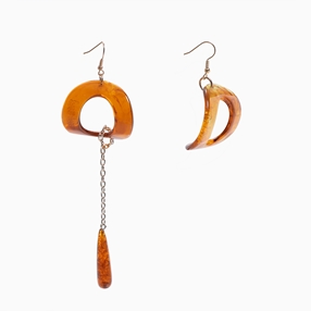 Impress Me pierced earrings, square amber resin ring with hanging drop motif and zinc metal parts-