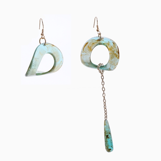 Impress Me pierced earrings, square green resin ring with hanging drop motif and zinc metal parts-
