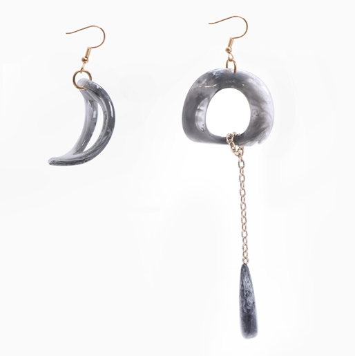 Impress Me pierced earrings, square black resin ring with hanging drop motif and zinc metal parts-