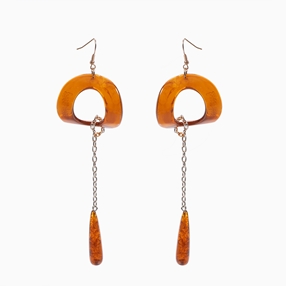 Impress Me pierced earrings, square amber resin rings with hanging drop motifs and zinc metal parts-