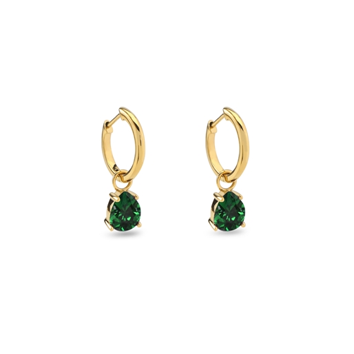 Good Vibes small gold plated hoops with hanging green crystals-