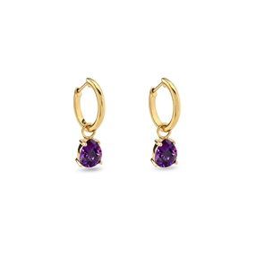 Good Vibes small gold plated hoops with hanging purple crystals-
