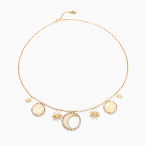 Celestial Glow silver 925° chain necklace with 18K yellow gold plating, motifs of sun, moon and planets with ivory iridescent acrylic and clear cz stones-