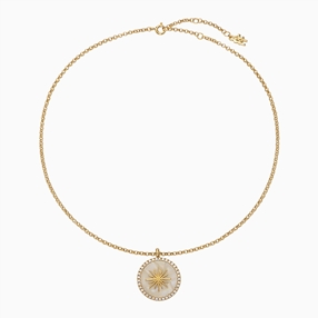 Celestial Glow silver 925° chain necklace with 18K yellow gold plating, sun motif with ivory iridescent acrylic and clear cz stones-