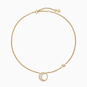 Celestial Glow silver 925° chain necklace with 18K yellow gold plating, moon and sun motifs with ivory iridescent acrylic and clear cz stones-