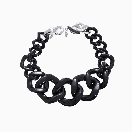 Impress Me chain necklace, large square black resin rings and zinc metal parts-