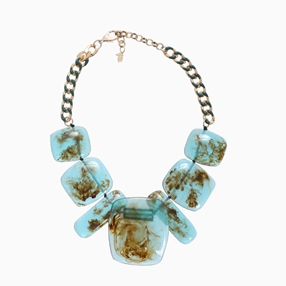 Impress Me chain necklace, rectangular green resin motifs and zinc metal parts-