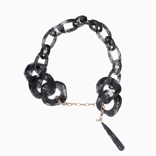 Impress Me chain necklace, black resin rings with hanging drop motif and zinc metal parts-