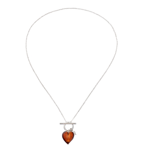 Hearty Candy long silver necklace with bronze Murrine glass heart and bar clasp-