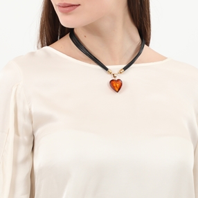 Hearty Candy short leather necklace with bronze Murrine glass heart-