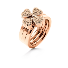 Heart4Heart Rose Gold Plated Σετ Τριών Δαχτυλιδιών Pave Champagne Κρυστάλλινες Πέτρες-