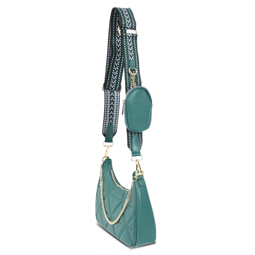 Boho Flair πράσινη δερμάτινη τσάντα με υφασμάτινο ιμάντα-