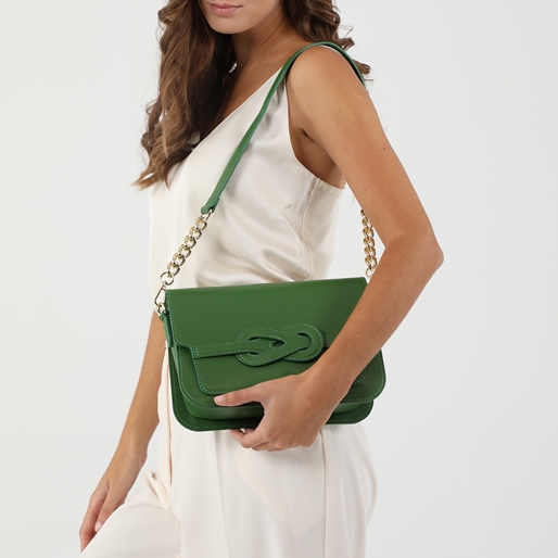 JustFab πράσινη δερμάτινη τσάντα χιαστί με καπάκι-