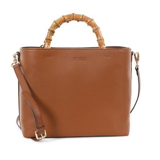 Harmony brown leather Tote bag with bamboo handles-