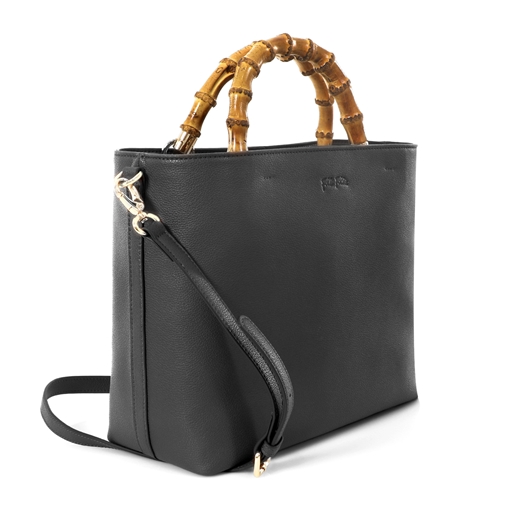 Harmony black leather Tote bag with bamboo handles-