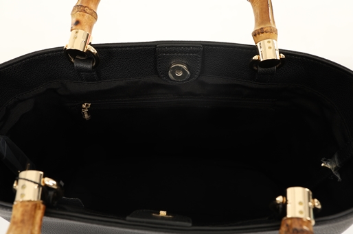 Harmony black leather Tote bag with bamboo handles-