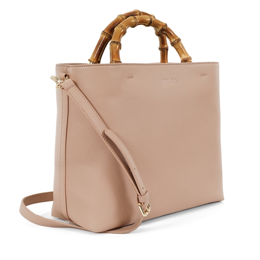 Harmony nude leather Tote bag with bamboo handles-