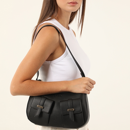 Harmony δερμάτινη μαύρη τσάντα με τσέπες-