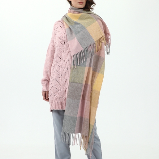 Checkered scarf from wool yellow, gray, pink-